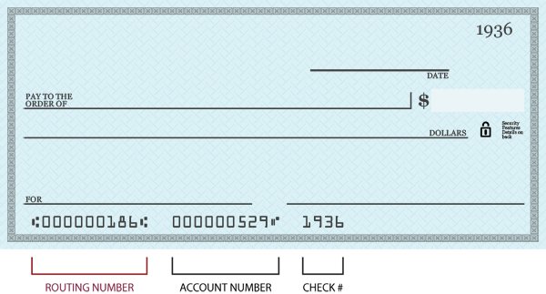 Blank check with routing number area highlighted and labeled